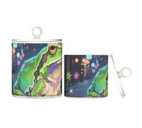 voucong Confezione da 2 contenitori decorativi in plastica trasparente con coperchio, a forma di rana fluorescente, per dispensa, piccoli contenitori decorativi per tamponi di cotone