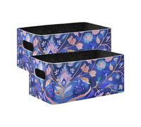 voucong Contenitori portaoggetti in tessuto blu con fiori in stile bohémien, 2 pezzi, decorativi, grandi, per abbigliamento, jeans, libri