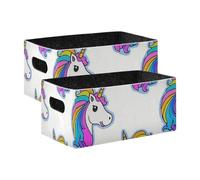 voucong Cubi portaoggetti pieghevoli con unicorni arcobaleno bianchi in stile cartone animato, confezione da 2 pezzi, per organizzare scaffali, armadi, libri