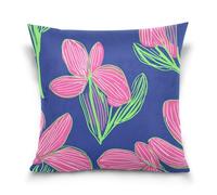 voucong Graziosa federa per cuscino con fiori rosa e foglie verdi, sfondo blu reale, per il viso, decorazione per la casa, 45,7 x 45,7 cm