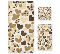 voucong Happy Valentine - Set di 3 asciugamani morbidi per il viso con leopardo marrone e cuore, 1 asciugamano da bagno, 1 asciugamano per le mani, per spiaggia, capelli, viso, palestra, nuoto, cucina