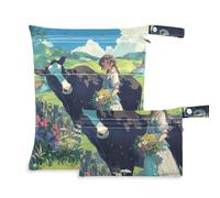 voucong Sacchetti bagnati in stile pastorale con mucca verde campo di bellezza a prova di disordine confezione da 2 pezzi essenziali da viaggio per bambino con manici per il bagno