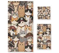 voucong Set di 3 asciugamani decorativi per il viso con gatto dei pirati dei cartoni animati retrò, 1 asciugamano da bagno, 1 asciugamano per le mani, 1 panno per bagno e cucina