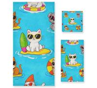 voucong Set di 3 asciugamani decorativi per il viso con gatto e cane, estivo, motivo cartoni animati, 1 asciugamano da bagno, 1 asciugamano per le mani, 1 panno per spiaggia, capelli, viso, palestra