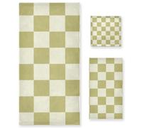 voucong Set di 3 asciugamani per il viso in microfibra, motivo scozzese, colore: beige, cachi, 1 asciugamano da bagno, 1 asciugamano per le mani, 1 panno per cucina, bagno, yoga, palestra