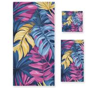 voucong Set di 3 asciugamani per il viso in stile tropicale con foglie di palma rosa e blu dalla testa ai piedi, 1 asciugamano da bagno, 1 asciugamano per le mani, 1 panno per bagno e cucina