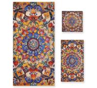 voucong Set di 3 asciugamani per la pulizia del viso, motivo bohémien, vintage, mandala, 1 asciugamano da bagno, 1 asciugamano per le mani, 1 panno per la pulizia del viso, per cucina, bagno, yoga