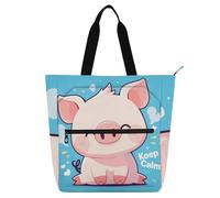 voucong Stay Calm Cute Pig Cartoon Kid Tote Bag per bambini donne uomini leggero riutilizzabile borsa per libri borsa della spesa con cerniera per scuola e tempo di gioco
