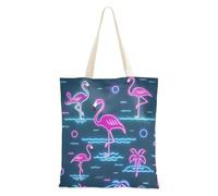 voucong Summer Neon Flamingo Wave Navy Blue Canvas Tote per le donne con tasche con manici Borsa riutilizzabile Tote Bag Bulk Canvas Gift