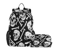 voucong Zaino con portapranzo per ragazzi con ossa di teschio dipinto in bianco e nero zaino per la scuola con borsa per il pranzo 9-10 anni