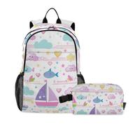 voucong Zaino e portapranzo per ragazzi Isola a vela Cartoon Rainbow Stripes Borsa per la scuola e Lunch Box Set per ragazzi 9-10 anni