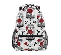 voucong Zaino per bambini gotico rosso e nero Halloween Rose Bird Cage con tasca per bottiglia d'acqua con grandi libri borsa per gli uomini mochila para ni?os