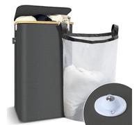 VOUNOT® Cesto Portabiancheria 100L con Ruote, Cesta Biancheria Sporca con Coperchio e Manici in Bambù, Porta Biancheria Pieghevole Cesta Panni Sporchi per Bagno o Lavanderia Vestiti, Grigio