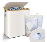 VOUNOT Cesto Portabiancheria 145L con Ruote, Cesta Biancheria Sporca con Coperchio e Manici in Bambù, Porta Biancheria Pieghevole Cesta Panni Sporchi per Bagno o Lavanderia Vestiti, Beige
