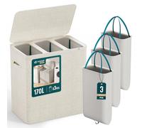 VOUNOT® Cesto Portabiancheria 170L Rettangolare a 3 Scomparti con Coperchio, Cesto Biancheria Grande Capacità con 3 Sacchi Rimovibili Autoportante e Manici, per Bagno, Camera e Lavanderia, Beige