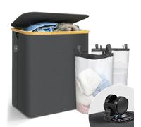 VOUNOT® Cesto Portabiancheria Pieghevole 145L con 2 Scomparti, Coperchio e Ruote, Grande Capacità, Cesta Biancheria con 2 Sacchi Rimovibili per la Separazione del Bucato, Struttura in Bambù, Grigio