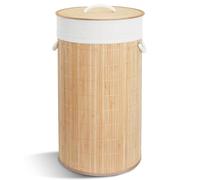 VOUNOT® Cesto Portabiancheria Rotondo in Bambù 58L, Cesto Pieghevole per Panni Sporchi con Coperchio, Manici e 2 Borse Rimovibili, per Bagno, Lavanderia e Camera da Letto, Naturale
