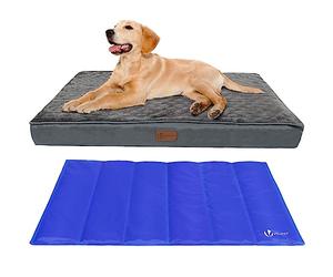 VOUNOT® Letto per Cani Ortopedico con Tappetino Rinfrescante Rimovibile, Cuscino per Cani 2 in 1 Cane di Taglia Media, Tappetino per Cane Lavabile, Grigio 91x70x9 cm