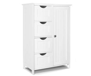 VOUNOT® Mobile Bagno da Terra Cassettiera con 4 Cassetti Armadio con Anta e Ripiano Regolabile, Armadietto Autoportante Mobiletto Portaoggetti da Ingresso Soggiorno Cucina Corridoio, 55x30x82cm Bianco