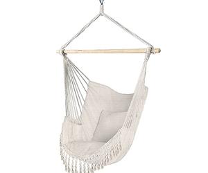VOUNOT® Poltrona Sospesa da Giardino 2 Cuscini, Sedia Amaca Altalena Macrame con Braccioli/Traversa in Legno, Portata Fino a 120 kg, per Interni Esterno Giardino, Beige