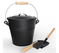 VOUNOT® Secchio per Cenere in Metallo con Coperchio, Paletta e Scopino, Secchio per Cenere Camino per Focolare, Caminetto, Braciere, Stufa a Pellet, Capacità 5L, Nero