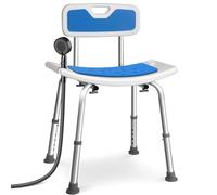 VOUNOT® Sedia da Doccia in Alluminio con Schienale, 6 Altezze Regolabili 70-83 cm, Sedile Bagno Ergonomica con Piedini Antiscivolo, per Anziani e Disabili Portata Max 136 kg, Bianco Blu