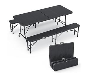 VOUNOT® Set Birreria Tavolo e 2 Panche Pieghevoli 180 cm Effetto Rattan, Set di Mobili da Giardino con Manico di Trasporto, per Campeggio Picnic Esterno, Nero, 180x75x72cm