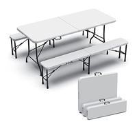 VOUNOT® Set Birreria Tavolo e 2 Panche Pieghevoli, Set di Mobili da Giardino con Manico di Trasporto, per Campeggio Picnic Esterno, 180x75x72cm, Bianco