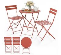 VOUNOT® Set Bistrot Pieghevole 3 Pezzi in Metallo, Set Tavolo e 2 Sedie da Giardino, Salvaspazio Resistente alle Intemperie e ai Raggi UV per Balcone, Patio, Terrazza e Esterno, Rosso Mattone