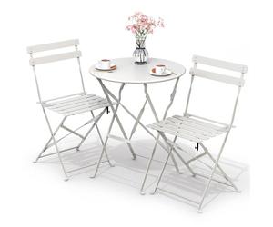 VOUNOT® Set da Giardino Pieghevole da 3 Pezzi, Set da Bistro Tavolo da Bistrot con 2 Sedie Balcone, Set di Mobili 3pz in Acciaio dal Design Moderno, Salvaspazio per Terrazza, Patio, Esterno, Bianco