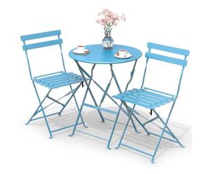 VOUNOT® Set da Giardino Pieghevole da 3 Pezzi, Set da Bistro Tavolo da Bistrot con 2 Sedie Balcone, Set di Mobili 3pz in Acciaio dal Design Moderno, Salvaspazio per Terrazza, Patio, Esterno, Blu