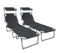 VOUNOT® Set di 2 Lettino Prendisole Pieghevole con Tettuccio Parasole e Schienale Regolabile, Sdraio da Giardino in Poliestere, per Spiaggia, Piscina e Giardino, Nero