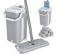 VOUNOT® Set Mocio Lavapavimenti e Secchio Strizzatore 2 Scomparti, Mop Piatto Rotante 360° con Manico in Acciaio Inox e 6 Panni Ricambio in Microfibra Pulizia Casa Legno Parquet Azzurro Marmo, Grigio