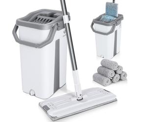 VOUNOT® Set Mocio Lavapavimenti e Secchio Strizzatore 2 Scomparti, Mop Piatto Rotante 360° con Manico in Acciaio Inox e 6 Panni Ricambio in Microfibra Pulizia Casa Legno Parquet Azzurro Marmo, Bianco