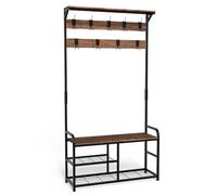 VOUNOT Stand Appendiabiti da Terra con Panca Scarpiera a 3 Ripiani, Attaccapanni Autoportante Mobile Ingresso Corridoio 9 Ganci Rimovibili, Design Moderno Industriale 85x33x185cm