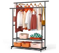 VOUNOT® Stand Appendiabiti Doppio con Ruote in Metallo, Appendiabiti da Terra con 2 Ripiani Porta Scarpe e Vestiti, Robusto e Salvaspazio per Camera, Ingresso e Guardaroba, 120x40x146cm, Nero