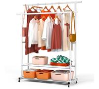 VOUNOT® Stand Appendiabiti Doppio con Ruote in Metallo, Appendiabiti da Terra con 2 Ripiani Porta Scarpe e Vestiti, Robusto e Salvaspazio per Camera, Ingresso e Guardaroba, 120x40x146cm, Bianco