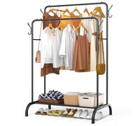 VOUNOT® Stand Appendiabiti Doppio in Metallo con Ripiano per Scarpe e 4 Ganci Laterali, Appendiabiti da Terra Robusto Salvaspazio per Camera, Ingresso e Guardaroba, 110x58x150cm, Nero