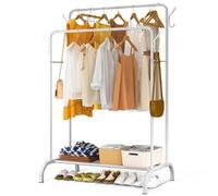 VOUNOT® Stand Appendiabiti Doppio in Metallo con Ripiano per Scarpe e 4 Ganci Laterali, Appendiabiti da Terra Robusto Salvaspazio per Camera, Ingresso e Guardaroba, 110x58x150cm, Bianco