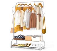 VOUNOT® Stand Appendiabiti in Metallo con Doppio Ripiani per Scarpe e 4 Ganci Laterali, Appendiabiti da Terra Robusto Salvaspazio per Camera, Ingresso e Guardaroba, 110x35x146cm, Bianco