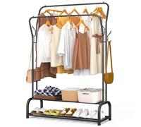 VOUNOT® Stand Appendiabiti in Metallo con Doppio Ripiani per Scarpe e 4 Ganci Laterali, Appendiabiti da Terra Robusto Salvaspazio per Camera, Ingresso e Guardaroba, 108x35x145cm, Nero
