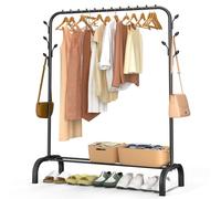 VOUNOT® Stand Appendiabiti in Metallo con Ripiano per Scarpe e 8 Ganci Laterali, Appendiabiti da Terra Robusto Salvaspazio per Camera, Ingresso e Guardaroba, 110x41x150cm, Nero