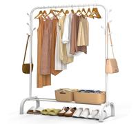 VOUNOT® Stand Appendiabiti in Metallo con Ripiano per Scarpe e 8 Ganci Laterali, Appendiabiti da Terra Robusto Salvaspazio per Camera, Ingresso e Guardaroba, 110x41x150cm, Bianco