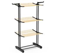 VOUNOT® Stendino Verticale a Torre, Appendiabiti con Ruote, Stendibiancheria Pieghevole Metallo con 6 Ripiani Regolabili, Aspetto Legno, 3 Livelli