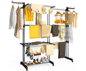 VOUNOT® Stendino Verticale Allungabile a 4 Livelli 190x64x170 cm, Stendibiancheria Grande Capacità Pieghevole con Ruote e Ali Laterali Multifunzionali, per Interno ed Esterno, Nero Grigio