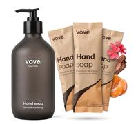 Vove Set di sapone per le mani con bottiglia di vetro scuro ricaricabile e 3 ricariche - mandarino/geranio/legno di cedro, polvere a gel, estratto di aloe vera/cactus, vegetale, senza plastica