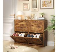 VOWNER Scarpiera Slim in Legno, Portascarpe Ingresso Con 4 Ante a Ribalta e Doppia Profondità, Regolabili, 105x80x24 cm (LxAxP) (Marrone Rustico)