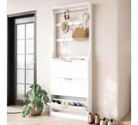 VOWNER Scarpiera Slim, Portascarpe in Legno, Appendiabiti con Scarpiera, con 6 Ganci e 3 Ante a Appendiabiti, 80 x 17 x 208 cm(LxAxP), Ingresso, Bianco