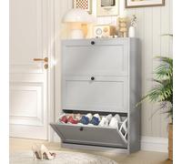 VOWNER Scarpiera Slim, Scarpiera Portascarpe in Legno, Regolabili, con 3 Ante a Ribalta e Doppia Profondita, 80x117x24 cm (LxAxP) (Grigio)