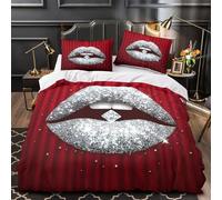 VOXYTMLWG Glitter Lips Set Di Copripiumino 3 Pezzi microfibra morbida motivo 3D con cerniera shiny Glam Set Di Copripiumino con federa per cuscini ariosa for coppie Single（135x200cm）